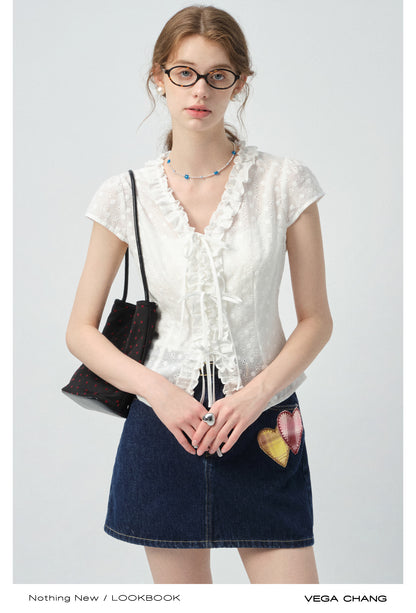 Dot Embroidery Frilled Tie-Front Blouse