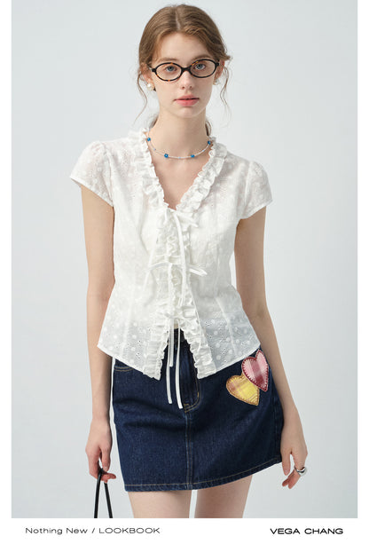 Dot Embroidery Frilled Tie-Front Blouse