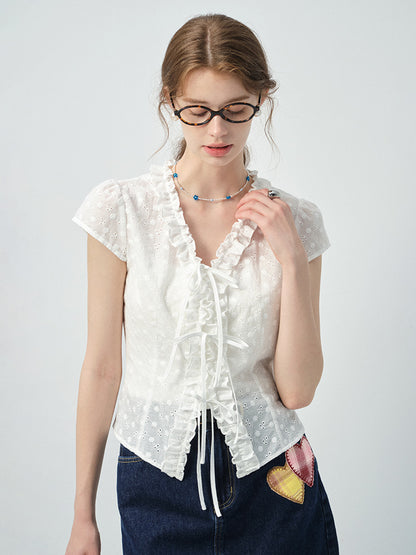 Dot Embroidery Frilled Tie-Front Blouse