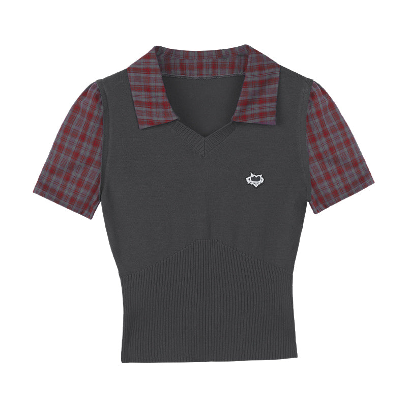 Checkered Layered-Look Vest With Fitted Ribbed Hem
