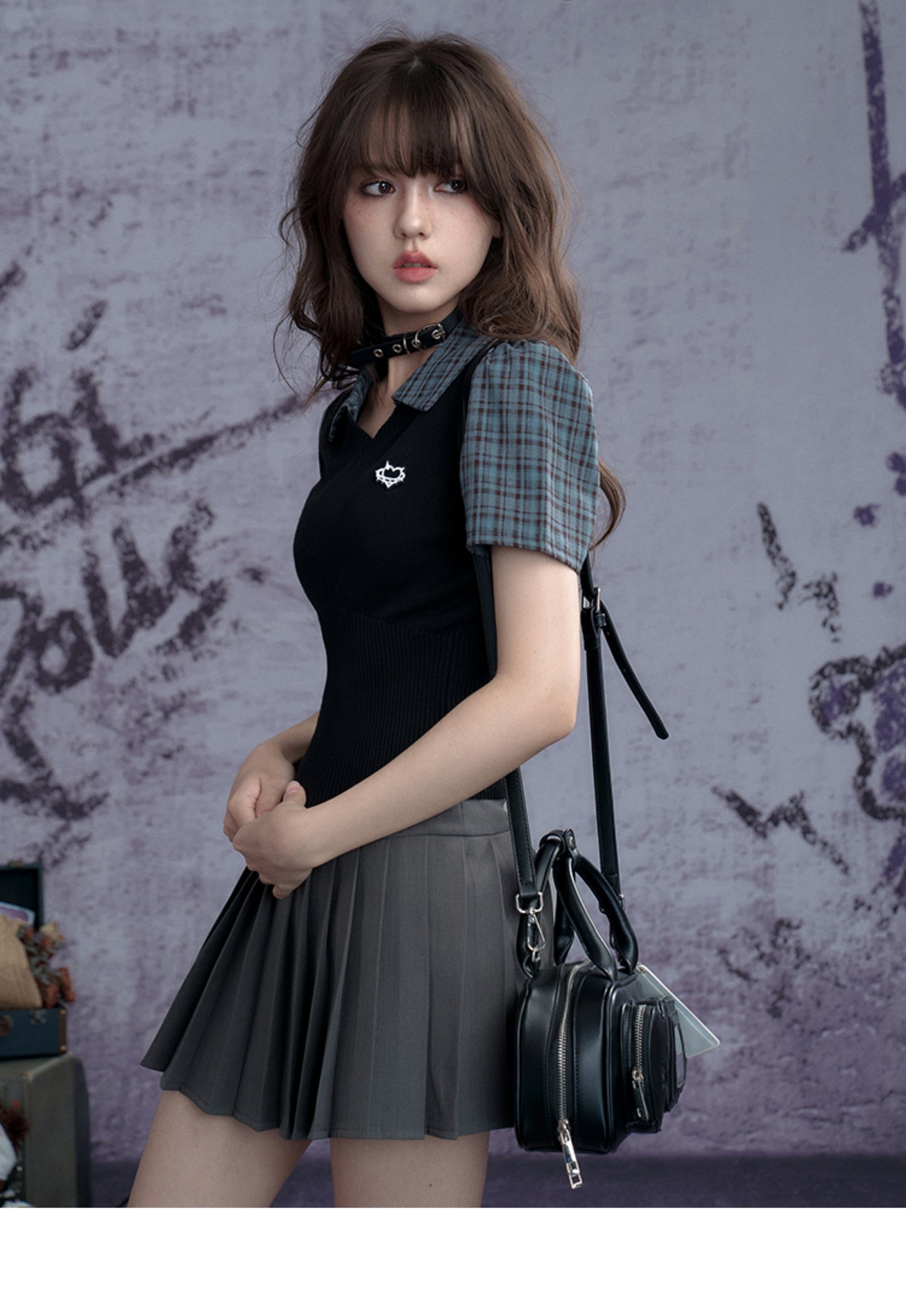Checkered Layered-Look Vest With Fitted Ribbed Hem