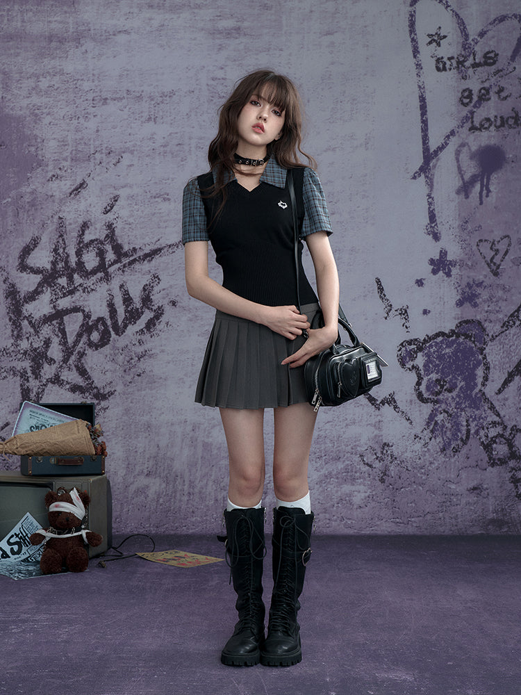 Checkered Layered-Look Vest With Fitted Ribbed Hem