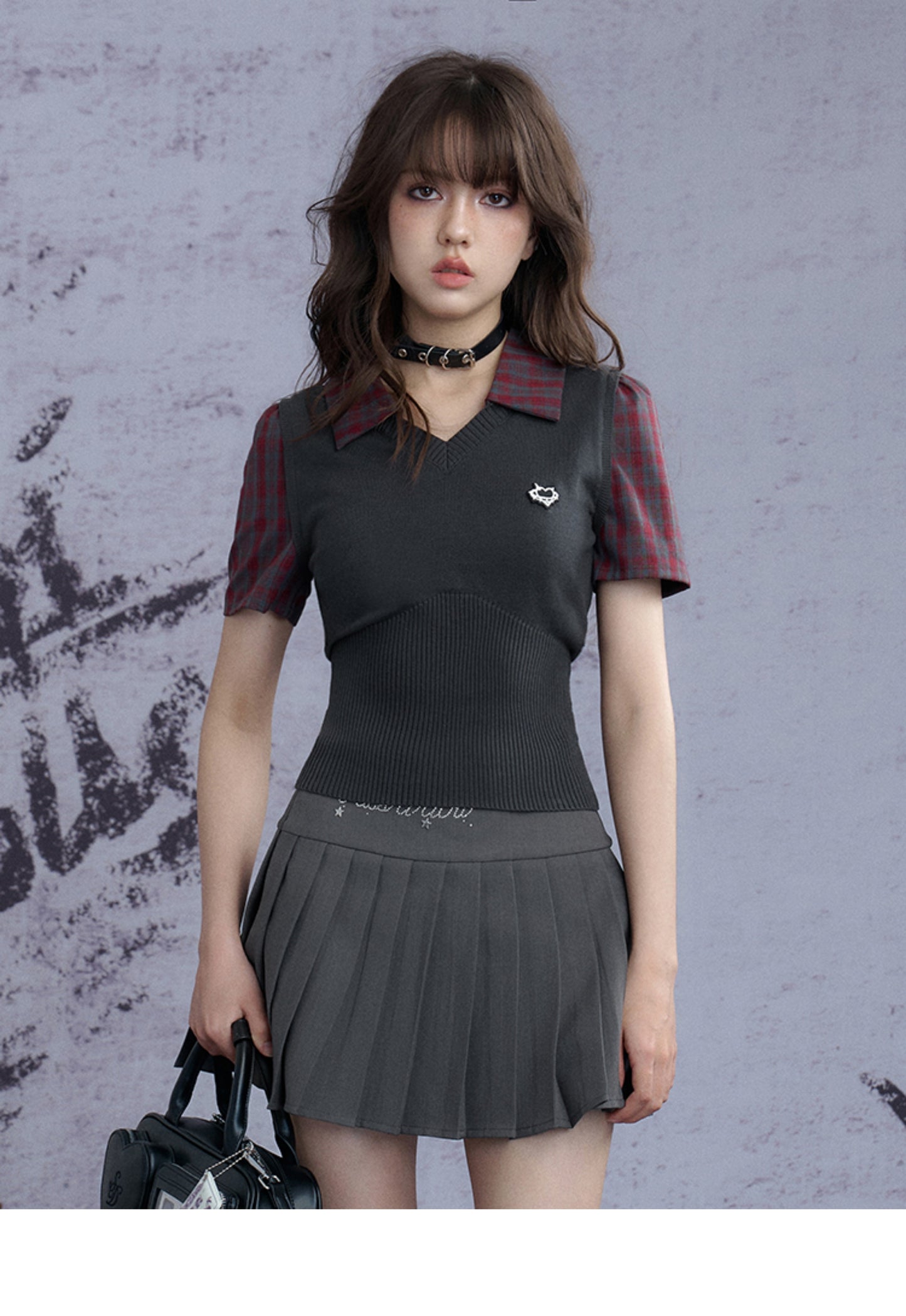 Checkered Layered-Look Vest With Fitted Ribbed Hem