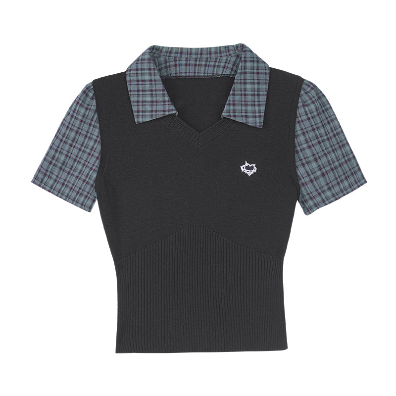 Checkered Layered-Look Vest With Fitted Ribbed Hem
