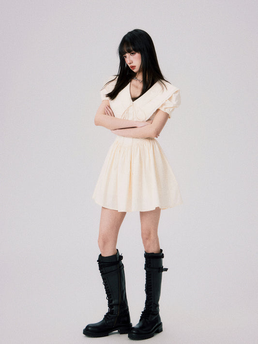 Statement Collar Short Puff Sleeve Dress