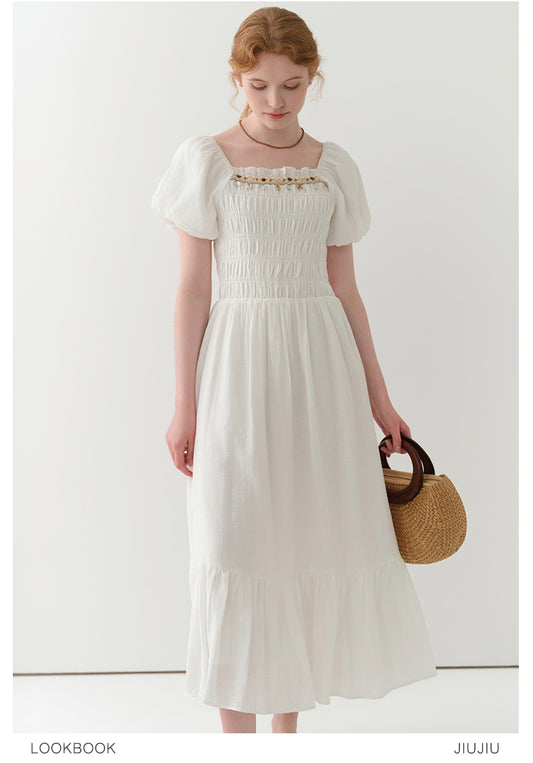 Bubble Sleeve Smocked Maxi Dress With Beaded Detail