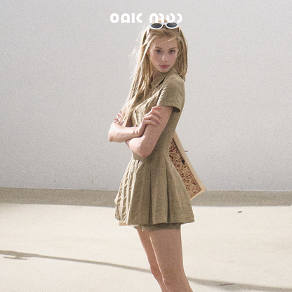 Pleated Stripe Textured Shirt Dress With Inner Shorts