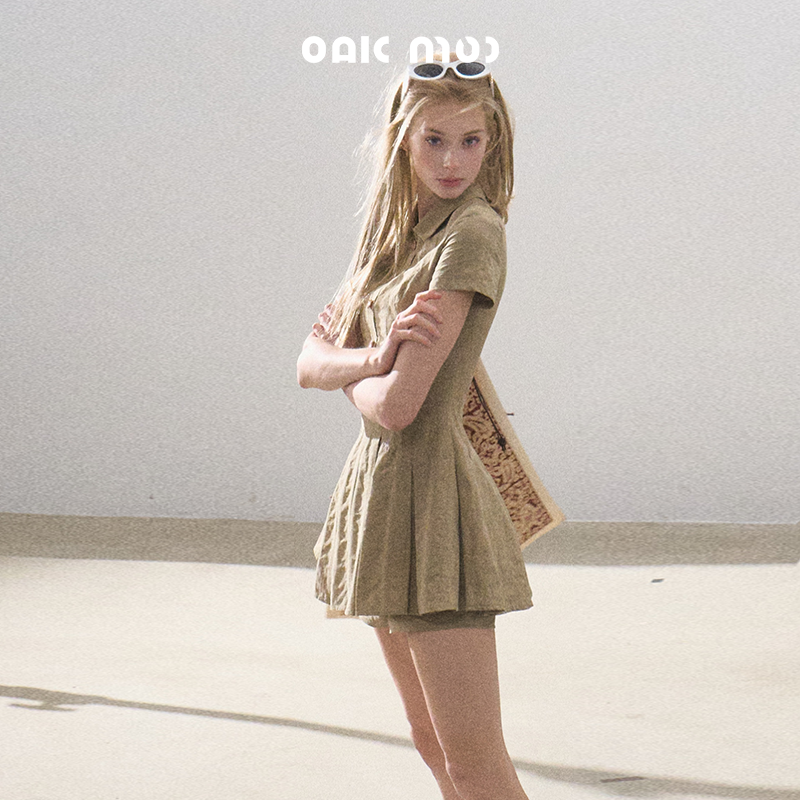 Pleated Stripe Textured Shirt Dress With Inner Shorts