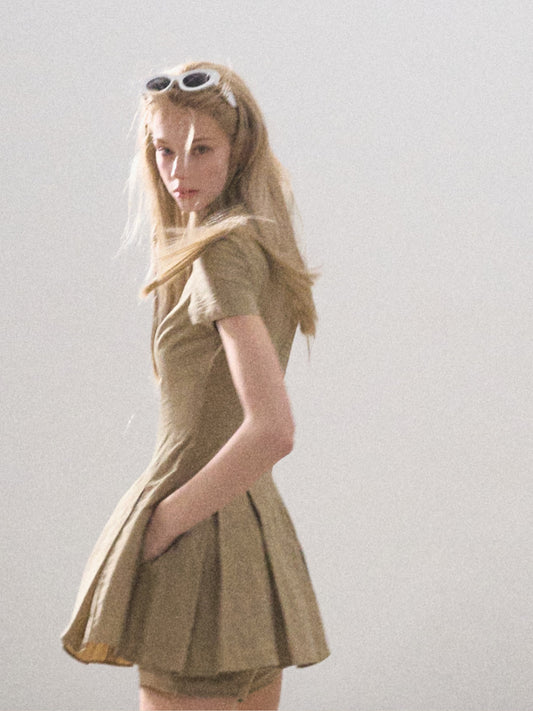 Pleated Stripe Textured Shirt Dress With Inner Shorts