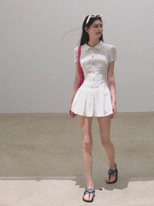 Pleated Stripe Textured Shirt Dress With Inner Shorts