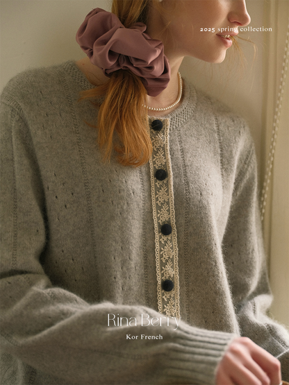 Pointelle Knit Cardigan With Lace Placket