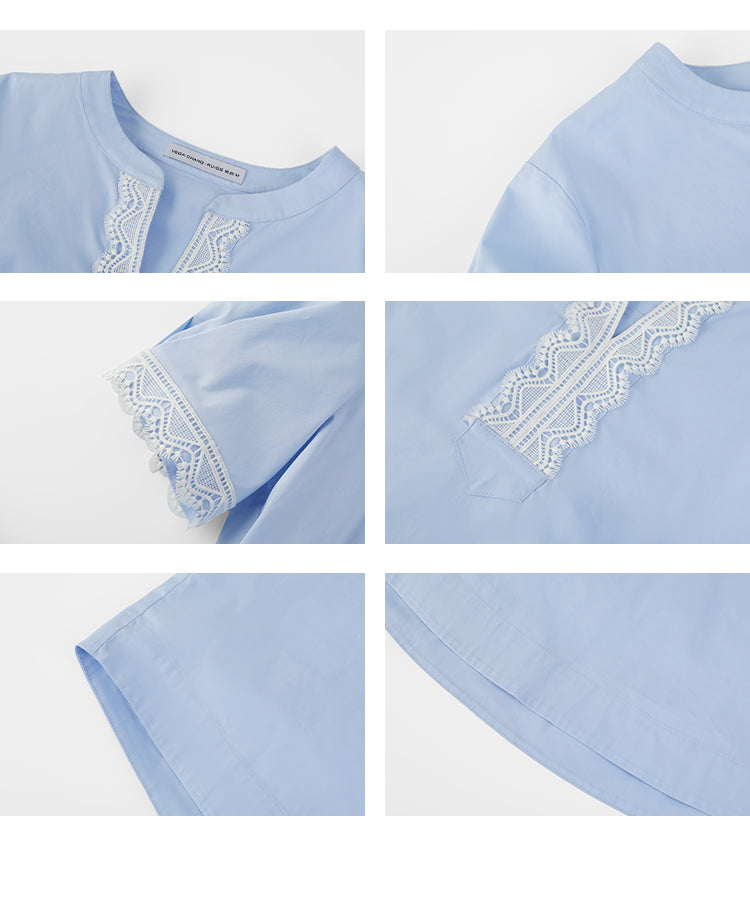 Lace-Accent Notch Neck Blouse