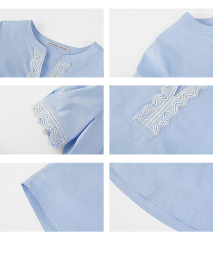 Lace-Accent Notch Neck Blouse