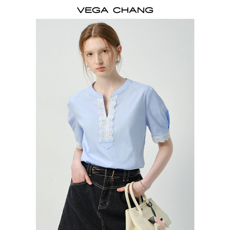 Lace-Accent Notch Neck Blouse