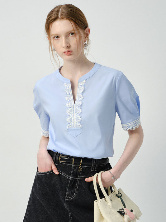 Lace-Accent Notch Neck Blouse