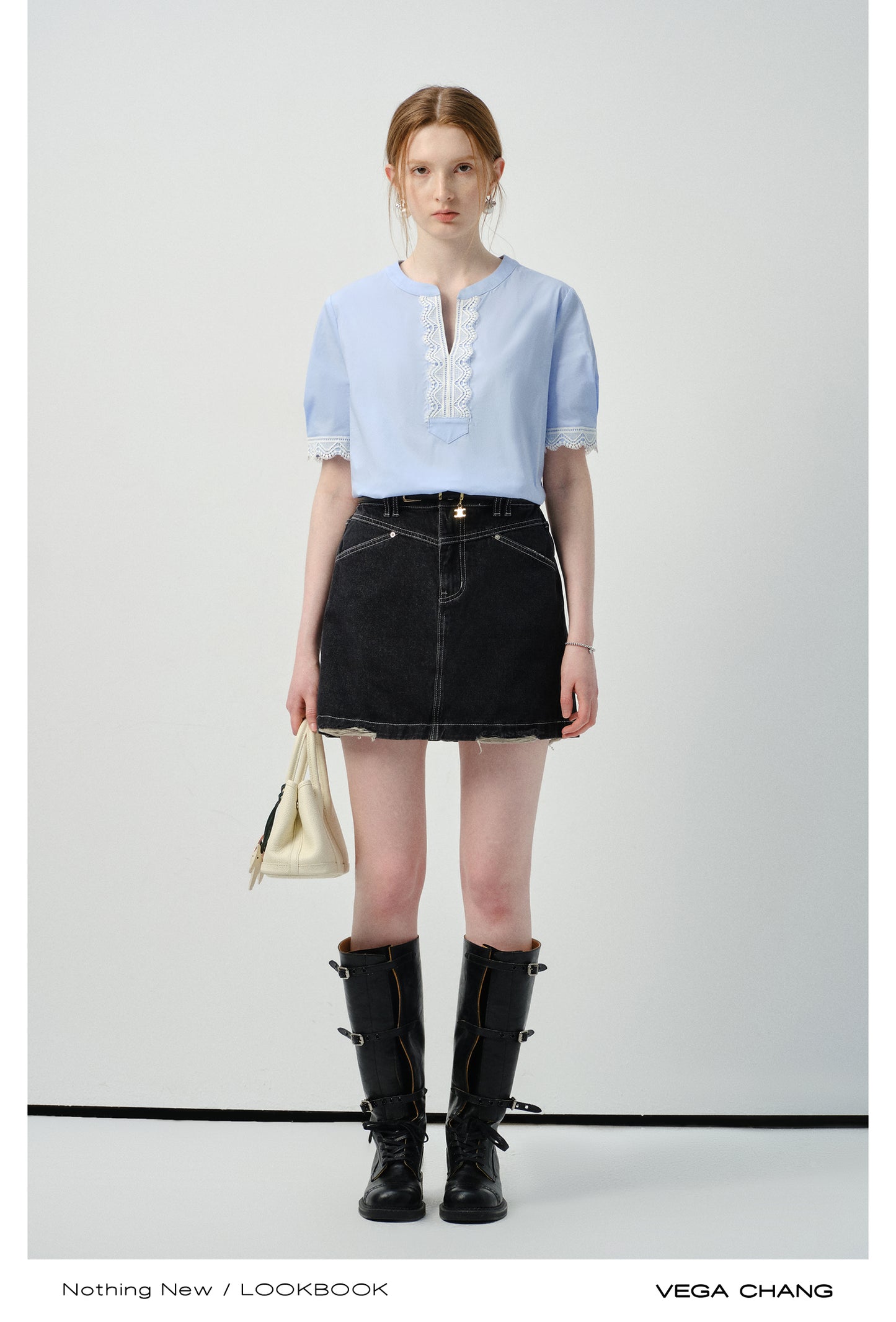 Lace-Accent Notch Neck Blouse