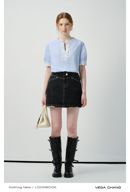Lace-Accent Notch Neck Blouse