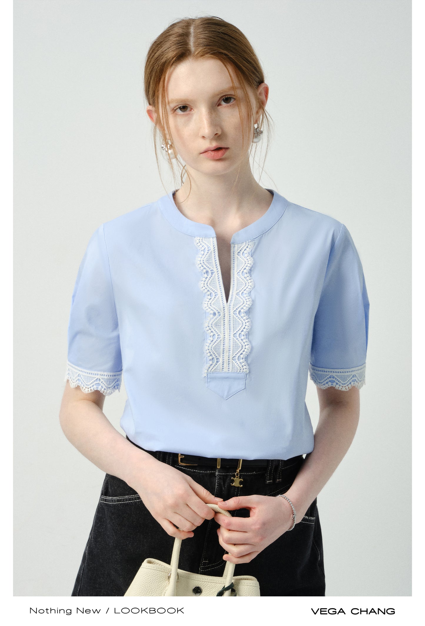Lace-Accent Notch Neck Blouse