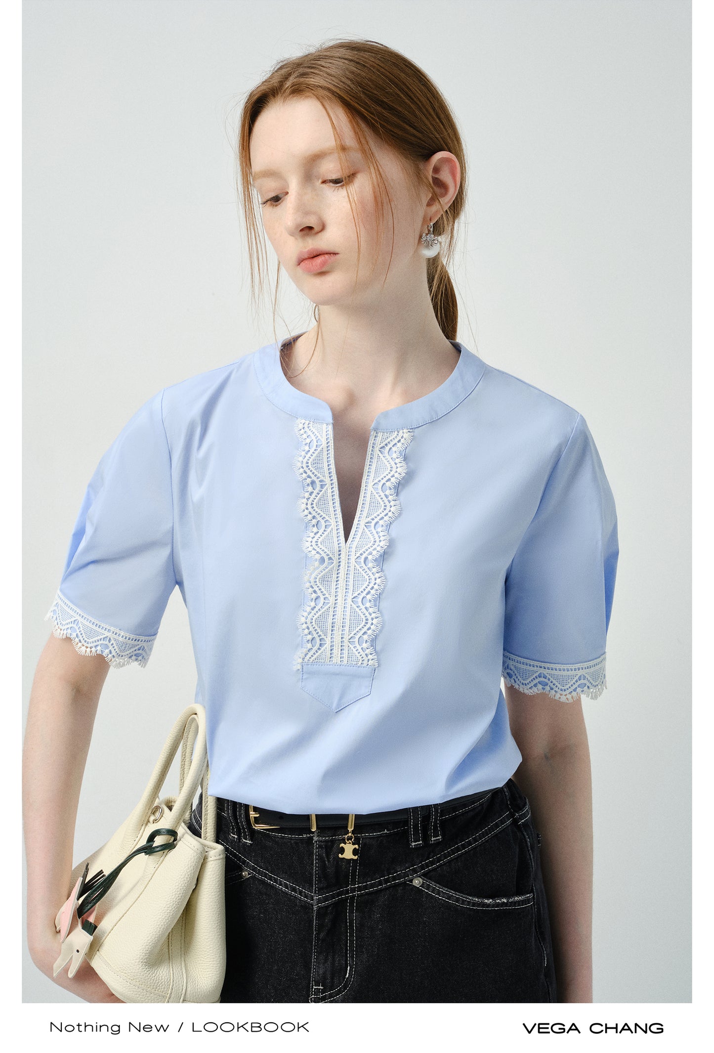 Lace-Accent Notch Neck Blouse
