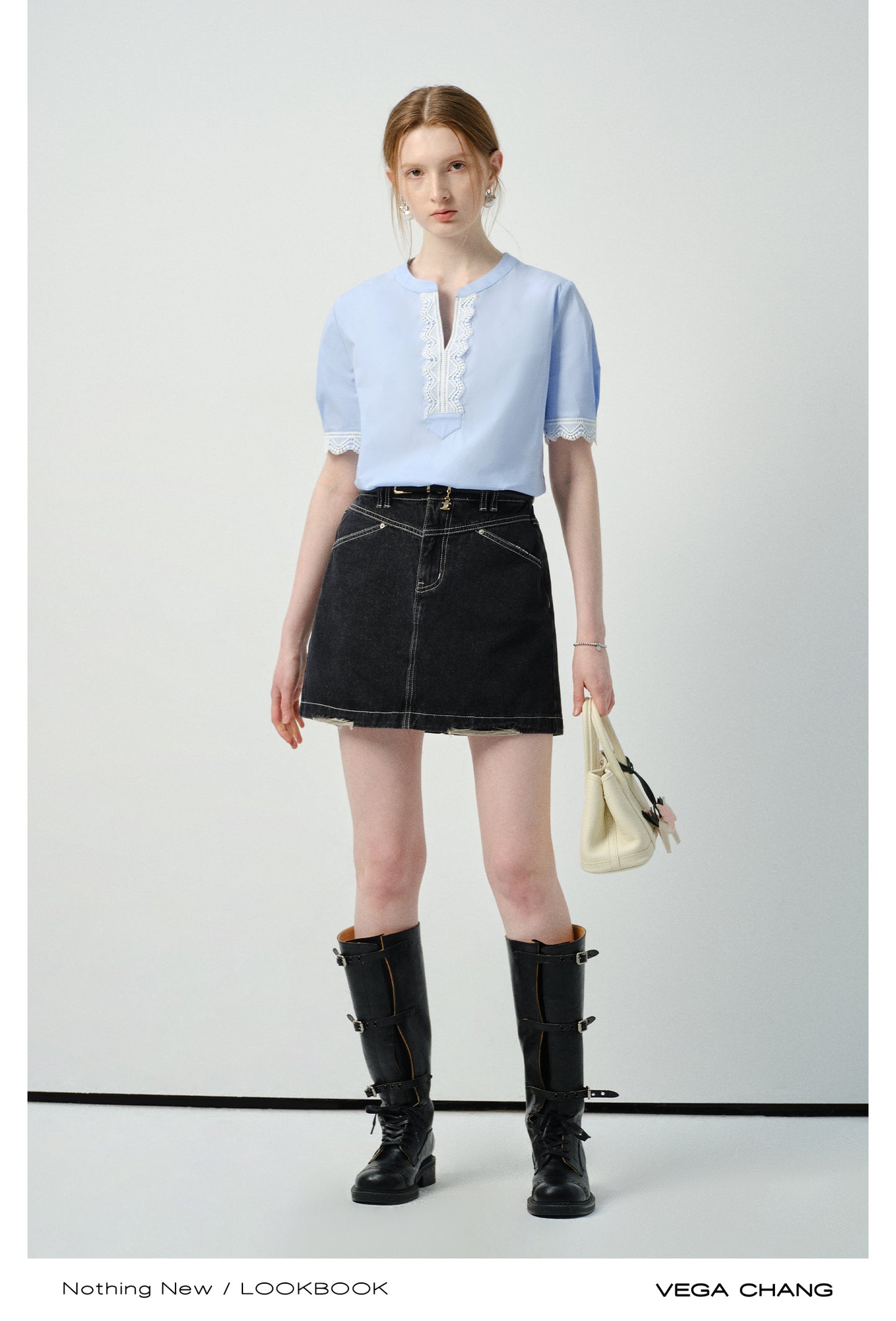 Lace-Accent Notch Neck Blouse