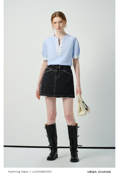 Lace-Accent Notch Neck Blouse