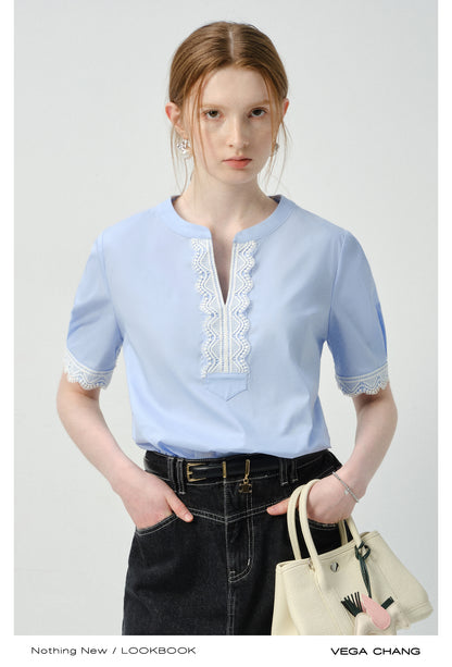 Lace-Accent Notch Neck Blouse