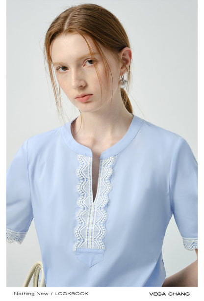 Lace-Accent Notch Neck Blouse
