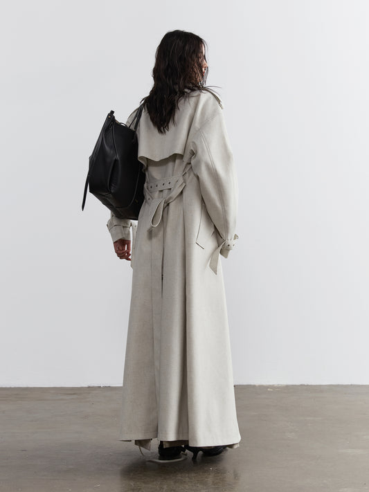 Double-Breasted Belted Neutral Trench Coat