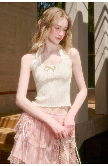 Pointelle Cropped Top With Wide Halter Strap