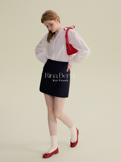 Minimal Band-Collar Blouse & Dot Mini Skirt