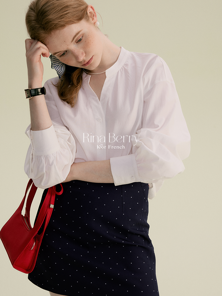 Minimal Band-Collar Blouse & Dot Mini Skirt