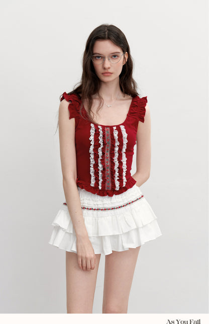 Sleeveless Cropped Ruffle Top With Floral Detail