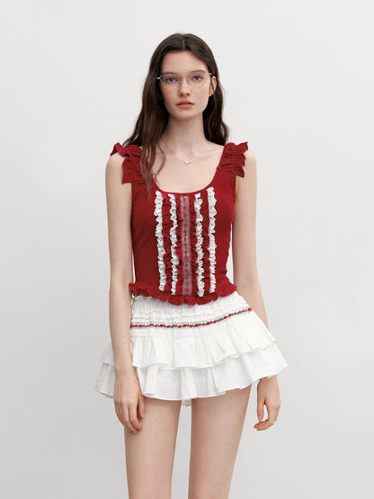 Sleeveless Cropped Ruffle Top With Floral Detail