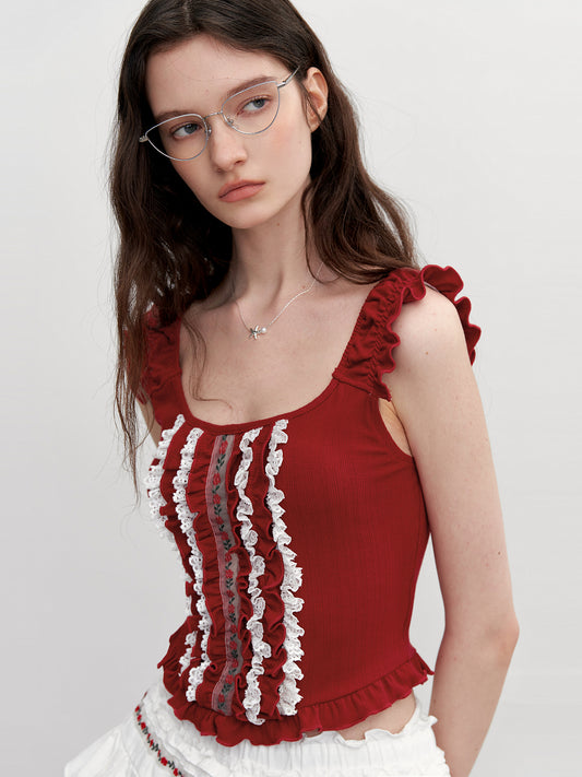 Sleeveless Cropped Ruffle Top With Floral Detail