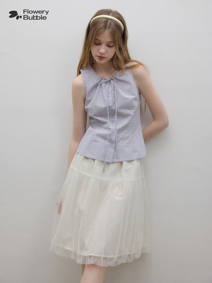 Sleeveless Button-Up Shirt With Gathered Tie Neck