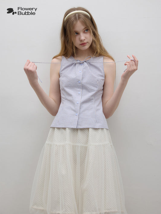 Sleeveless Button-Up Shirt With Gathered Tie Neck