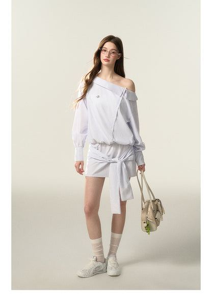 Stripe Cinched Waist Shirt Dress With Unique Sleeve Detail