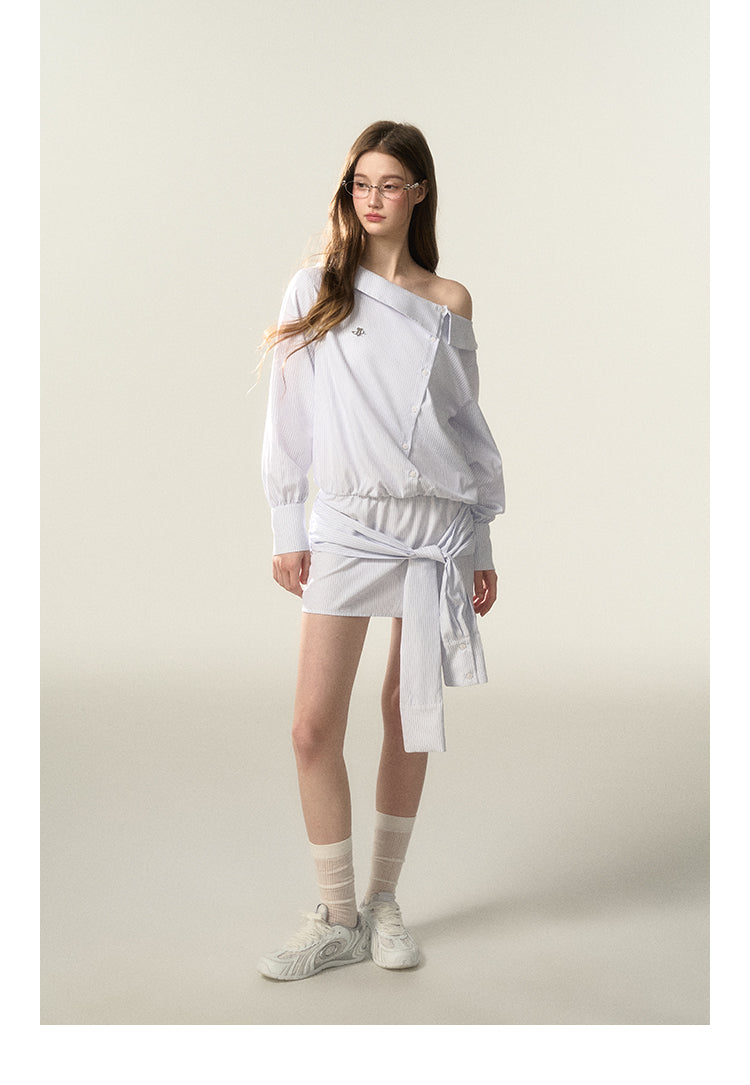 Stripe Cinched Waist Shirt Dress With Unique Sleeve Detail