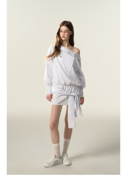 Stripe Cinched Waist Shirt Dress With Unique Sleeve Detail