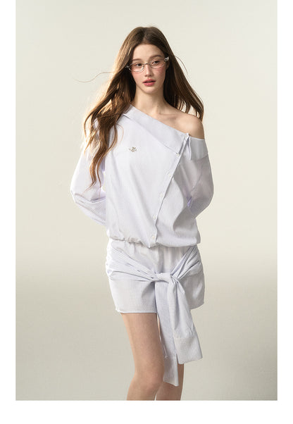 Stripe Cinched Waist Shirt Dress With Unique Sleeve Detail