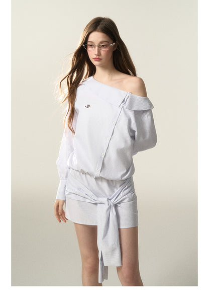 Stripe Cinched Waist Shirt Dress With Unique Sleeve Detail
