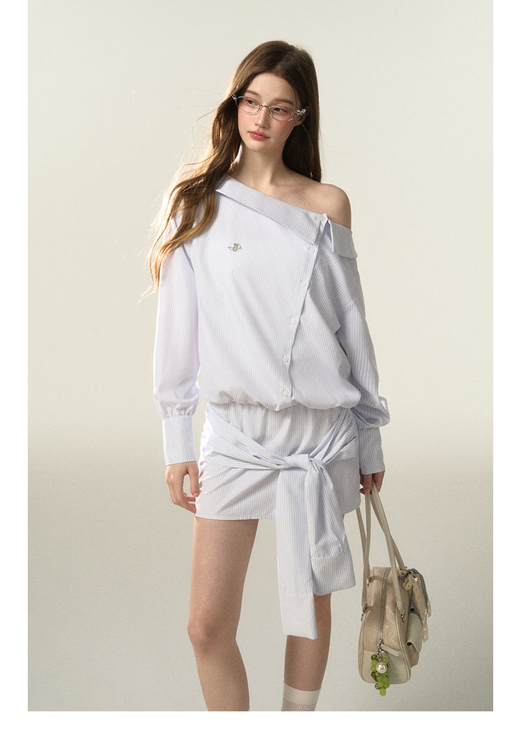 Stripe Cinched Waist Shirt Dress With Unique Sleeve Detail