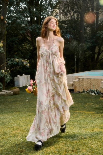 Open-Back Floral Halter Maxi Dress With Beaded Straps