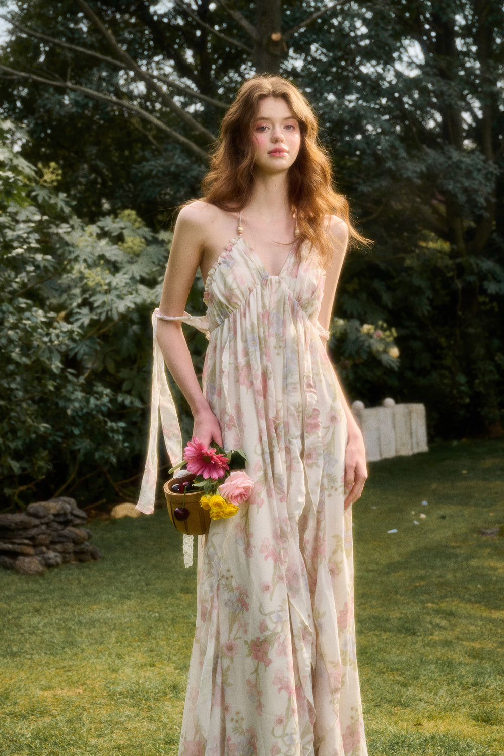 Open-Back Floral Halter Maxi Dress With Beaded Straps
