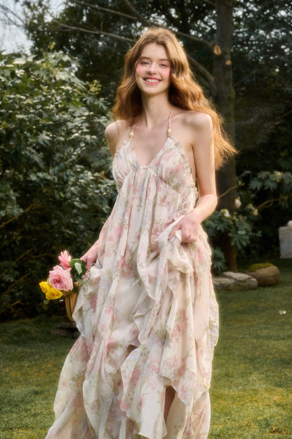 Open-Back Floral Halter Maxi Dress With Beaded Straps