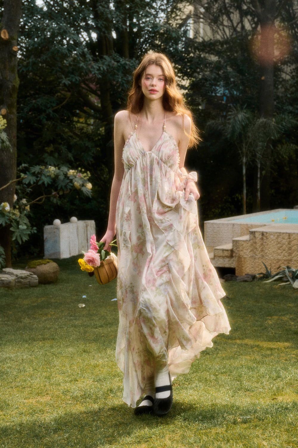 Open-Back Floral Halter Maxi Dress With Beaded Straps