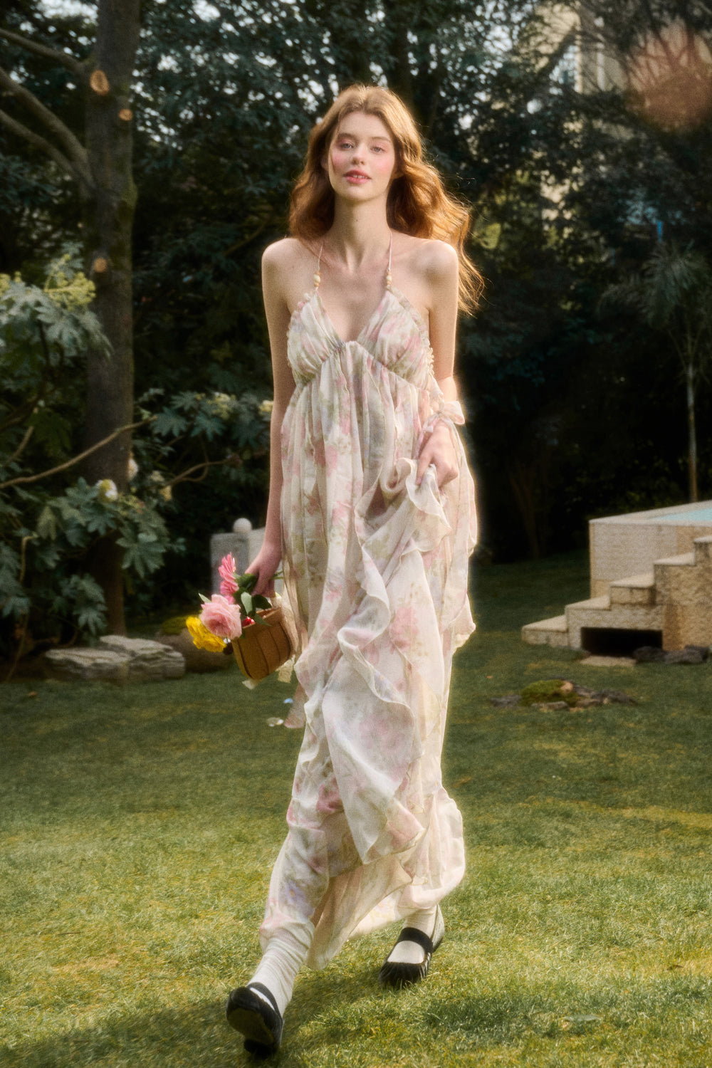 Open-Back Floral Halter Maxi Dress With Beaded Straps
