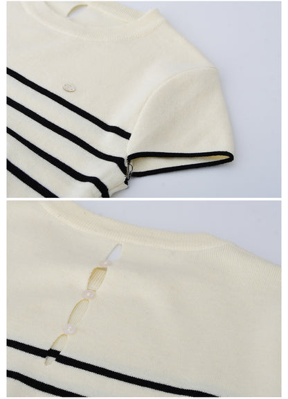 Cut-Out Knit T-Shirt With Contrast Stripes