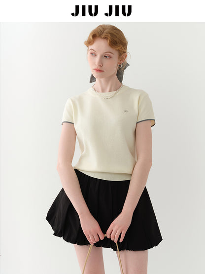 Cut-Out Knit T-Shirt With Contrast Stripes