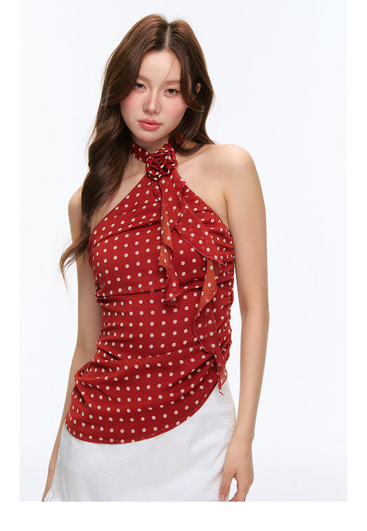 Asymmetric Dotted Ruched Halter Neck Top